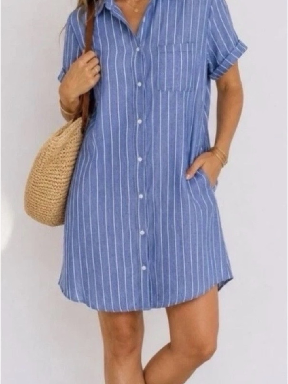 Old Navy Blue & White Striped Button-Front Midi Dress